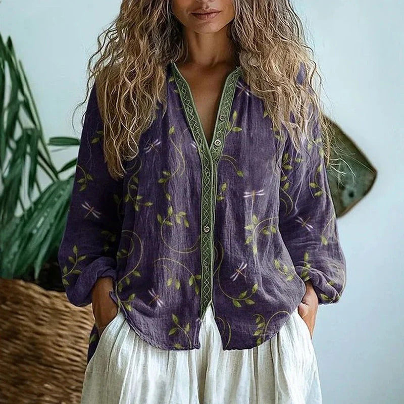 Vally - Vintage Blouse with Leaf Print