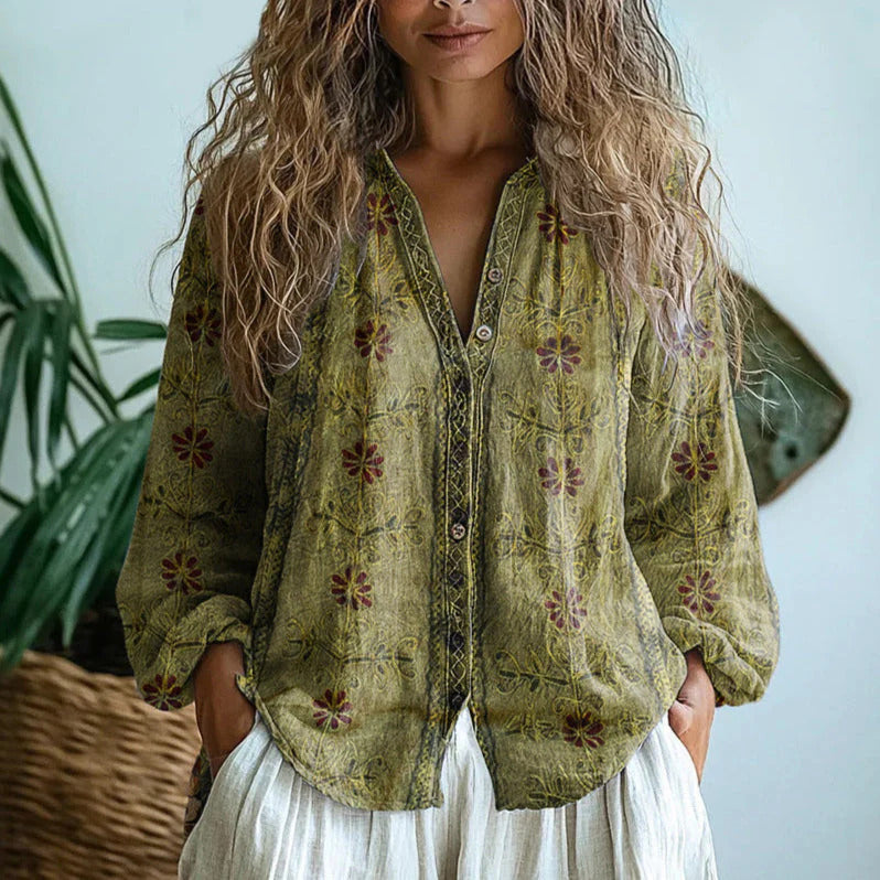Vally - Vintage Blouse with Leaf Print